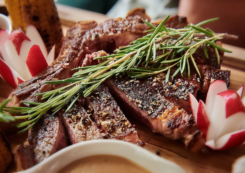 Aufgeschnittenes Steak mit Rosmarin und Pfeffersauce